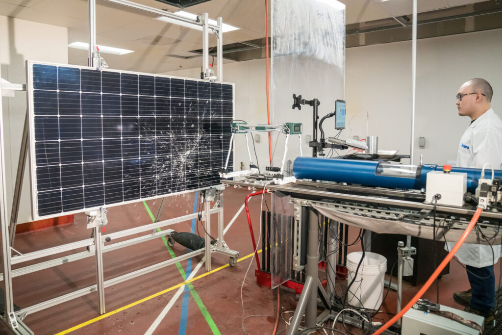 Hail testing of a PV module in a lab.