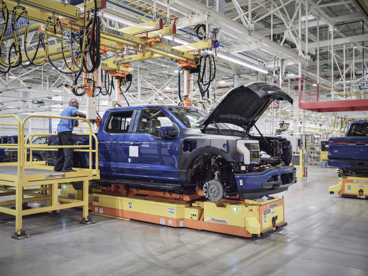 Assembly line with a near-complete F-150 truck.