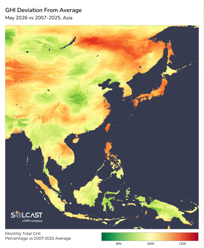 East Asia’s sunny May lifts coastal irradiance above average as El Niño builds