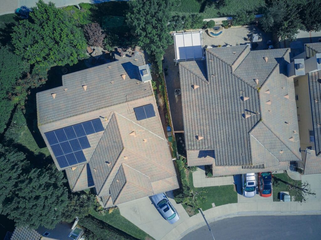 An aerial view of a home solar installation