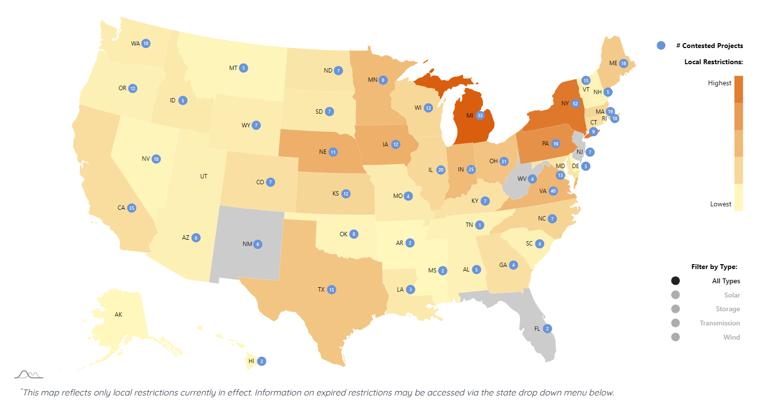 Sabin Center U.S. map showing restriction status and the numbers of contested projects per state